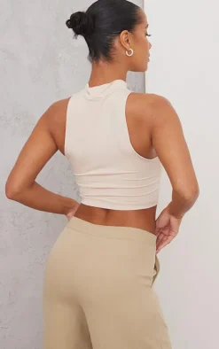 Basic Cream Slinky High Neck Sleeveless Crop