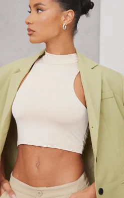 Basic Cream Slinky High Neck Sleeveless Crop