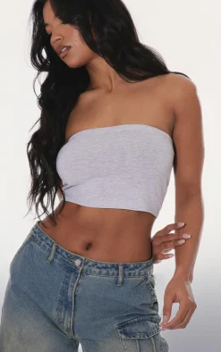 Basic Grey Marl Cotton Blend Bandeau Crop Top