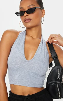 Basic Grey Marl Cotton Blend Halterneck Crop Top