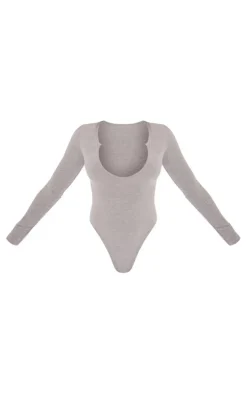 Basic Grey Marl Cotton Blend Plunge Long Sleeve Bodysuit