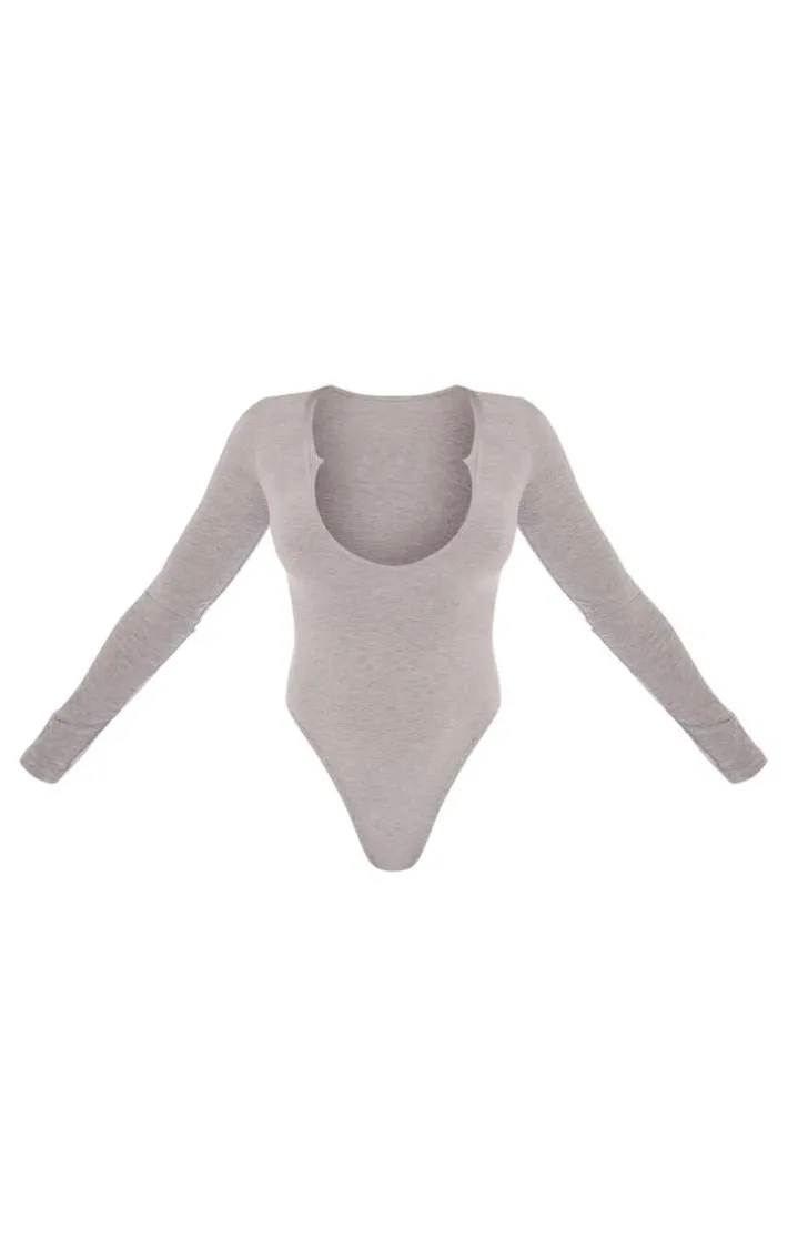 Basic Grey Marl Cotton Blend Plunge Long Sleeve Bodysuit