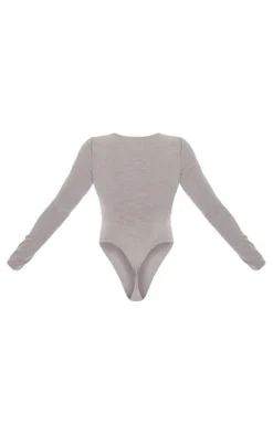 Basic Grey Marl Cotton Blend Plunge Long Sleeve Bodysuit