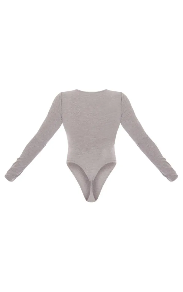 Basic Grey Marl Cotton Blend Plunge Long Sleeve Bodysuit