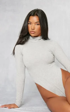 Basic Grey Marl Cotton Blend Roll Neck Bodysuit