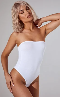 Basic White Cotton Blend Bandeau Bodysuit