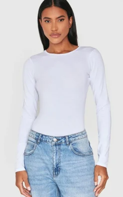 Basic White Cotton Blend Crew Neck Bodysuit
