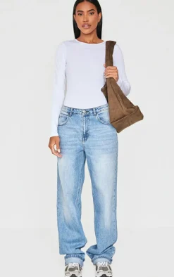 Basic White Cotton Blend Crew Neck Bodysuit