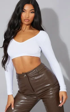 Basic White Cotton Blend Long Sleeve Deep V Crop Top