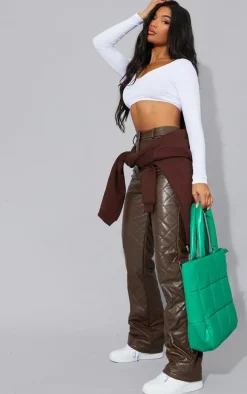 Basic White Cotton Blend Long Sleeve Deep V Crop Top