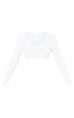 Basic White Cotton Blend Long Sleeve Deep V Crop Top