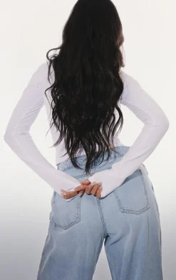 Basic White Cotton Blend Longline Long Sleeve Top