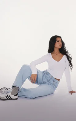 Basic White Cotton Blend Longline Long Sleeve Top