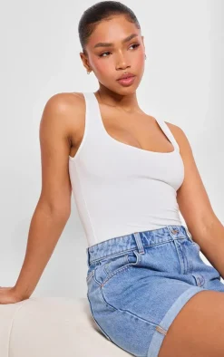 Basic White Cotton Blend Racer Back Bodysuit