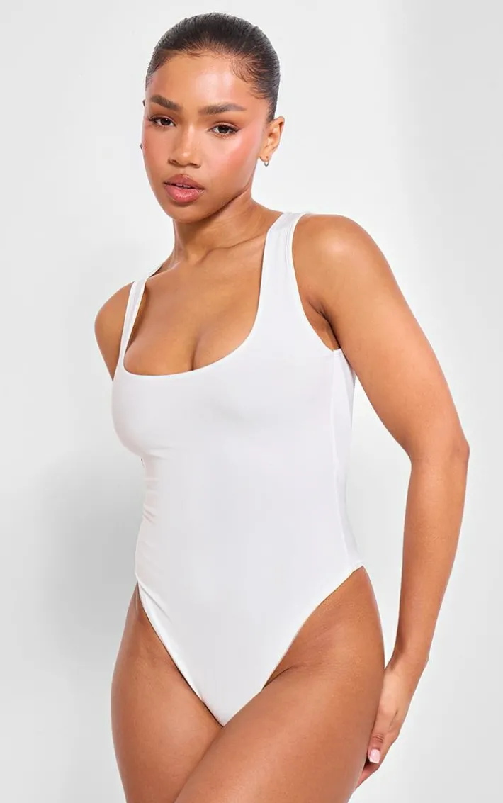 Basic White Cotton Blend Racer Back Bodysuit