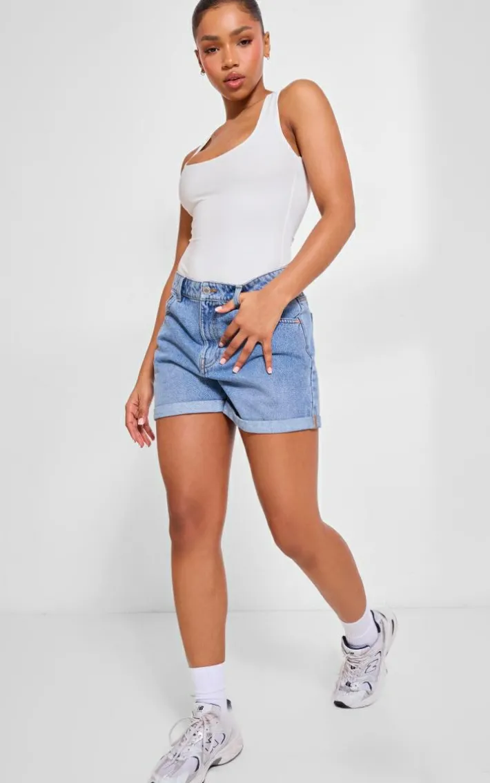 Basic White Cotton Blend Racer Back Bodysuit