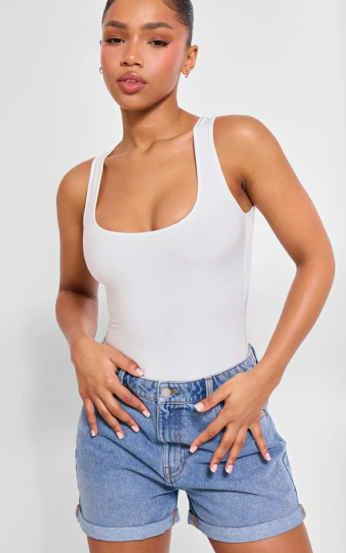 Basic White Cotton Blend Racer Back Bodysuit