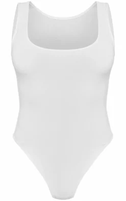 Basic White Cotton Blend Racer Back Bodysuit