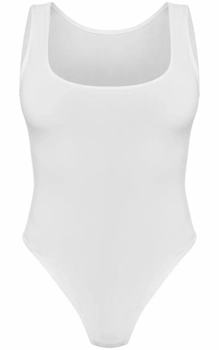 Basic White Cotton Blend Racer Back Bodysuit