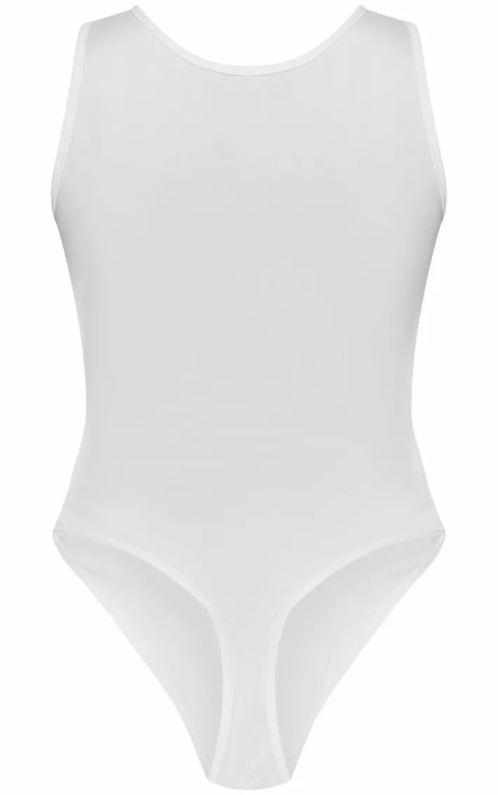 Basic White Cotton Blend Racer Back Bodysuit