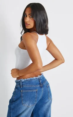 Basic White Cotton Blend Racer Neck Crop Top