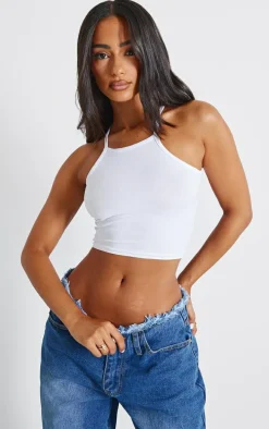 Basic White Cotton Blend Racer Neck Crop Top