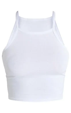Basic White Cotton Blend Racer Neck Crop Top