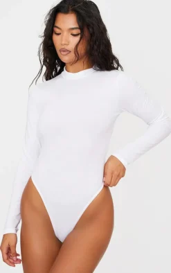 Basic White Cotton Blend Roll Neck Bodysuit