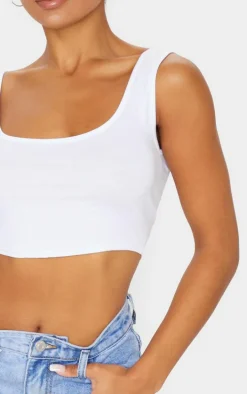 Basic White Cotton Blend Scoop Neck Crop Top