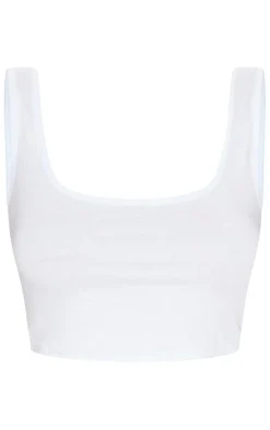 Basic White Cotton Blend Scoop Neck Crop Top