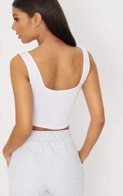 Basic White Cotton Blend Square Neck Crop Tank