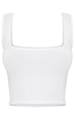 Basic White Cotton Blend Square Neck Crop Tank