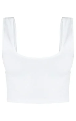 Basic White Cotton Blend Square Neck Crop Tank