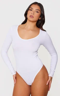 Basic White Cotton Blend V Neck Long Sleeve Bodysuit
