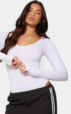 Basic White Cotton Blend V Neck Long Sleeve Bodysuit