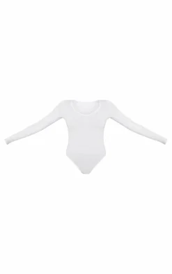 Basic White Cotton Blend V Neck Long Sleeve Bodysuit