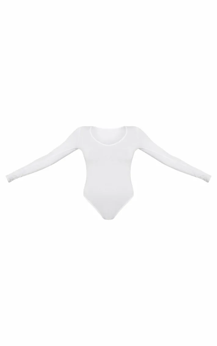 Basic White Cotton Blend V Neck Long Sleeve Bodysuit