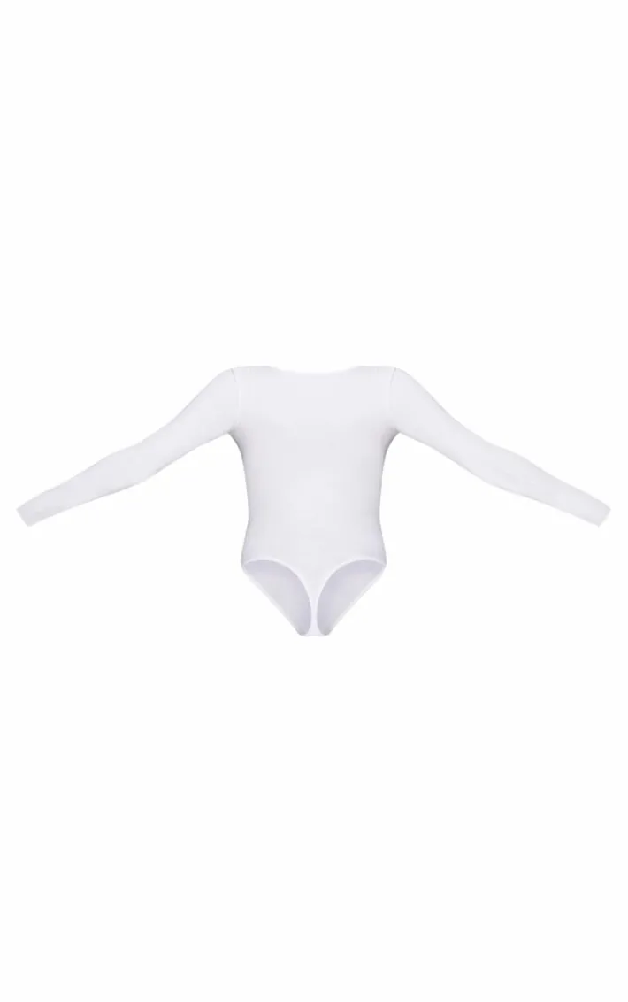 Basic White Cotton Blend V Neck Long Sleeve Bodysuit