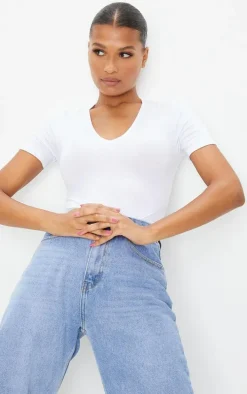 Basic White Cotton Blend V Neck Short Sleeve Bodysuit