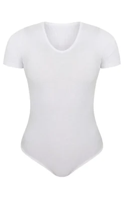 Basic White Cotton Blend V Neck Short Sleeve Bodysuit