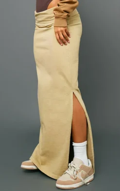 Beige Acid Wash Cotton Fold Over Maxi Skirt