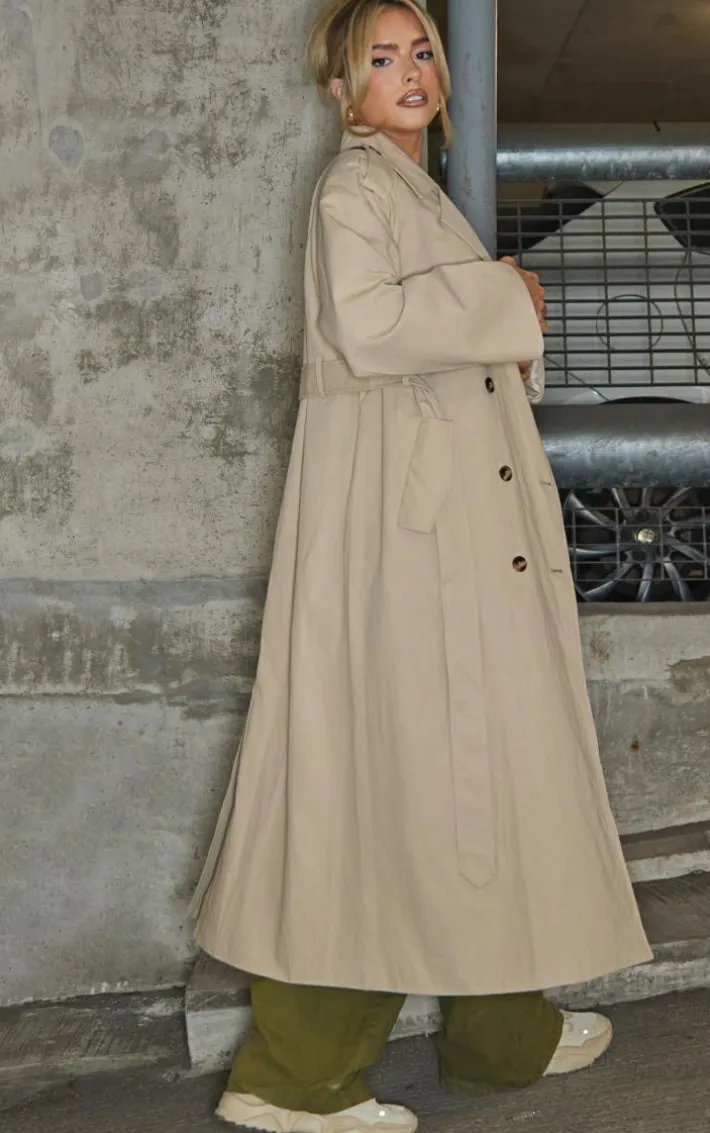 Beige Belted Double Breasted Trench Coat