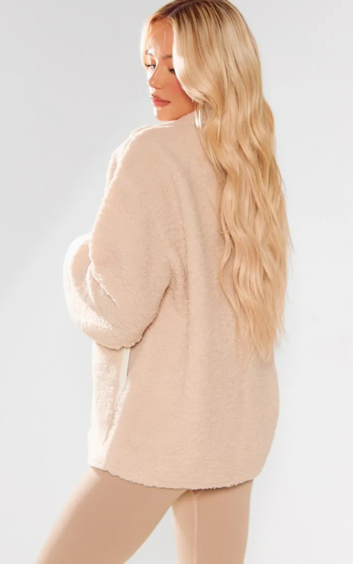 Beige Borg Contrast Piping Fleece Jacket