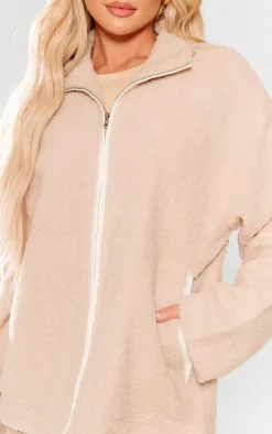 Beige Borg Contrast Piping Fleece Jacket