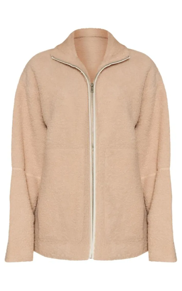 Beige Borg Contrast Piping Fleece Jacket