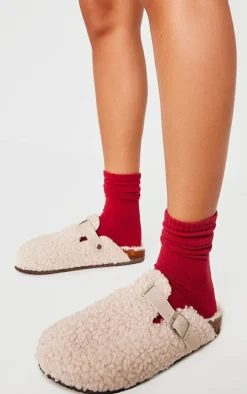 Beige Borg Round Toe Buckle Mule Clogs