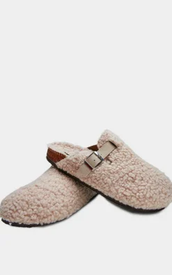 Beige Borg Round Toe Buckle Mule Clogs