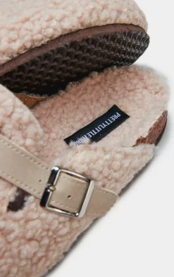 Beige Borg Round Toe Buckle Mule Clogs