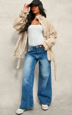 Beige Borg Slouchy Belted Hem Jacket