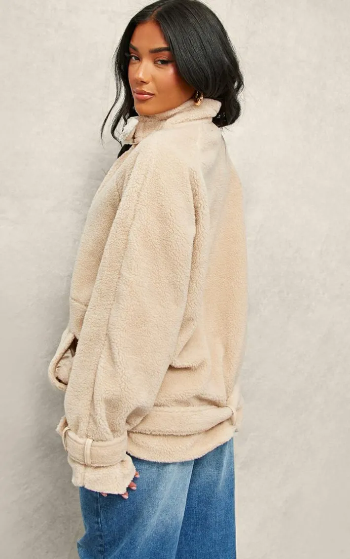 Beige Borg Slouchy Belted Hem Jacket